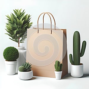 Blank Paper Bag Mockup with rope handles and cactus plants on a white background. Brown Shopping Bag package on white surface