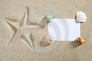 Blank paper beach sand starfish pint shells summer