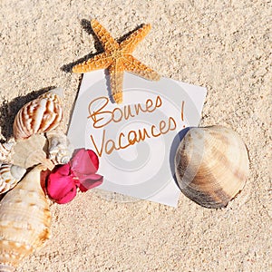 Blank paper beach sand starfish shells summer