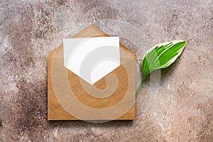 Blank paper card in brown envelope and green hosta leaf. Mockup of invitation and greeting card. Company corporate identity