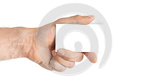 Blank paper card. Hand holding blank business paper card isolated on white background. Banner with copy space. Finger pointing