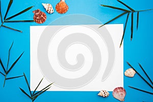Blank paper concept for text with frames adorned with Bamboo leaves,shell and blue paper background