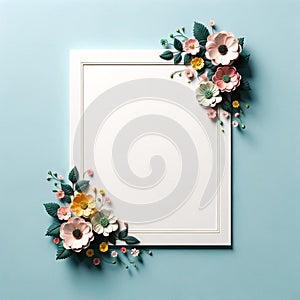 A blank paper with delicate floral accents on the corners. floral background, Mockup, colorful background