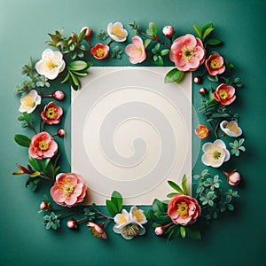 A blank paper encircled by blooming flowers. Flowers background, Mockup