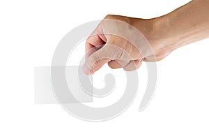 Blank paper in human hand and white background