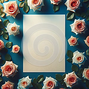 A blank paper lying on a bed of roses. Mockup, colorful background, Floral Backgroun