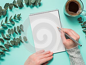 Blank paper notebook and female hands with pencil