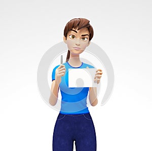 Blank Paper Notepad and Pencil Mockups Held by Serious, Pleasant Jenny - 3D Cartoon Female Character in Casual Clothes