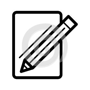 Blank paper and a pencil vector icon. Black and white illustration of note pad and pen. Outline linear icon.