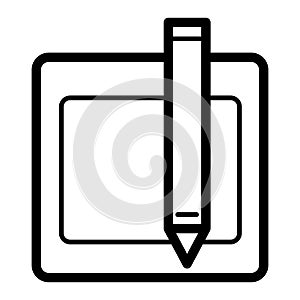 Blank paper and a pencil vector icon. Black and white illustration of note pad and pen. Outline linear icon.