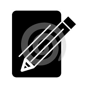 Blank paper and a pencil vector icon. Black and white illustration of note pad and pen. Solid linear icon.