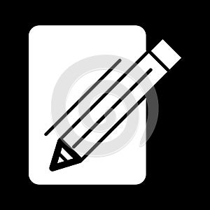 Blank paper and a pencil vector icon. Black and white illustration of note pad and pen. Solid linear icon.