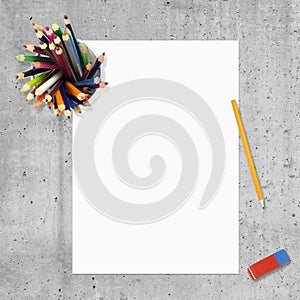 Blank paper, pencils and erasure
