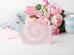 Blank paper pink card Valentine`s day and roses invitation