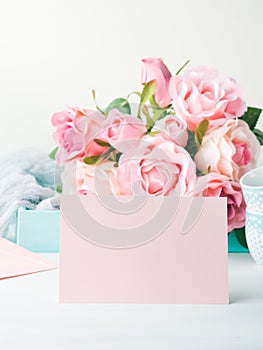 Blank paper pink card Valentine`s day and roses invitation