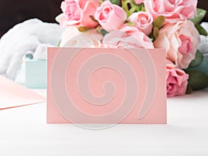 Blank paper pink card Valentine`s day and roses