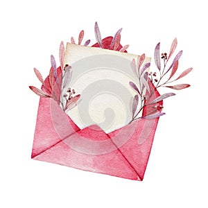 Blank paper in red envelope and branch with leaves. Love letter for Valentines day