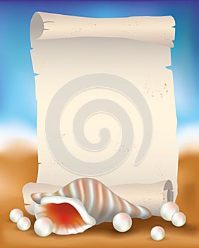 Blank paper scroll on tropical background with seashell and pearls