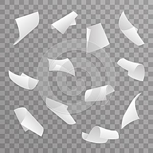 Blank paper sheet 3d curl flying set transparent background vector illustration