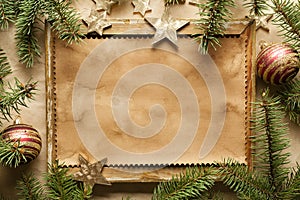 Blank paper sheet in picture frame and spruce tree