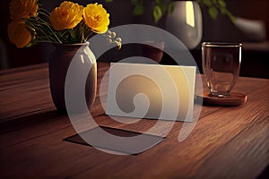 Blank paper table card on wooden table over bar background