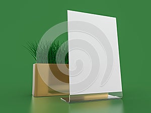 Blank paper Table Tent. Mockup on green background. 3D illustration.