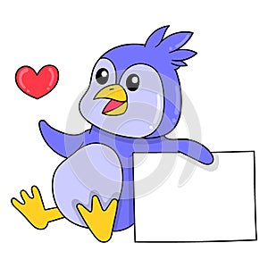 Blank paper template with penguins celebrating valentine love, doodle icon image kawaii