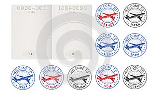 Blank passport pages and decorative travel stamps