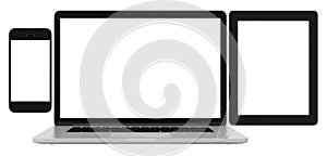 Blank phone tablet and laptop on white background