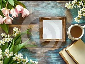 Blank photo frame, flowers and cup coffee