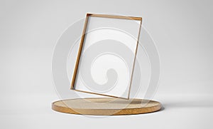 Blank photo frame mockup floating over copper cork podium display. Picture framing on pedestal platform 3d rendering