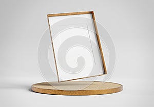 Blank photo frame mockup floating over copper cork podium display. Picture framing on pedestal platform 3d rendering