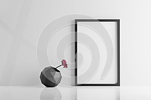 Blank Photo Frame Mockup with a Flower Vase on White Background - 3D Illustration