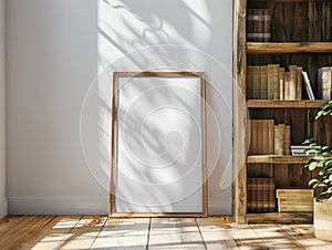 Blank photo frame mockup standing on the wooden floor against the white wall in bright room interior with wooden bookshelf