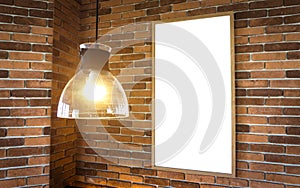 Blank photo frame mockup template on block wall.