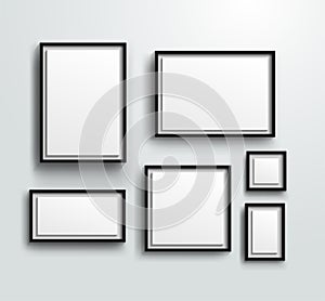 Blank photo frames on the wall. Design for a modern interior. Vertical and horizontal A-4, and square picture frame. Vector illust