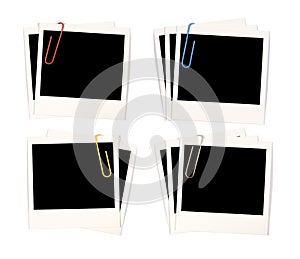 Polaroid photo print frames with paperclips, isolated on white background