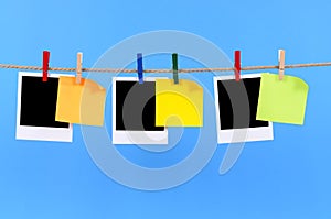 Polaroid photo frames with post it style sticky notes string rope washing line