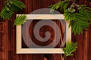 Blank photo wood frame and young green leaves on vintage brown wooden board. Decorative summer background with copy space, top vie