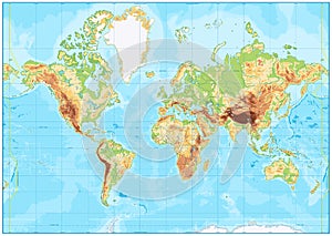Blank Physical World Map and bathymetry photo
