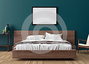 Blank picture frame on blue wall in bedroom. Mock up poster frame in modern interior. 3D render, 3D illustration. Free