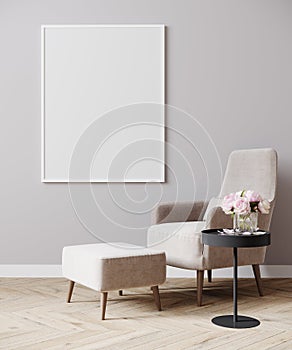 Blank picture frame in bright contemporary empty room interior with luxury chair on wooden parquet floor and flowers, light wall