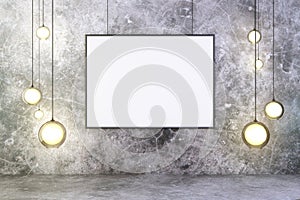 Blank picture frame with lightbulbs and concrete wall and floor,
