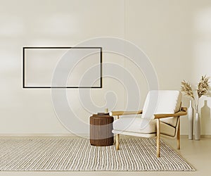 Blank picture frame mock up in beige contemporary minimalist interior with armchair, coffee table and decor. 3d