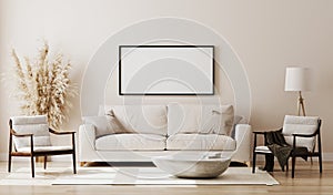 Blank picture frame mock up in beige room interior , 3d rendering