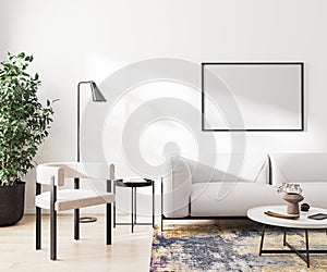 blank picture frame mock up in modern light living room interior, 3d rendering.