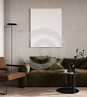 blank picture frame mock up in modern light living room interior with green sofa, 3d visualization