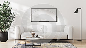 blank picture frame mock up in modern light living room interior with white sofa, 3d rendering.