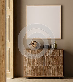 Blank picture frame mockup in dark brown room with drawer cabinet.3d rendering