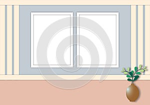 Blank picture frame mockup on grey wall with vase on pink background.